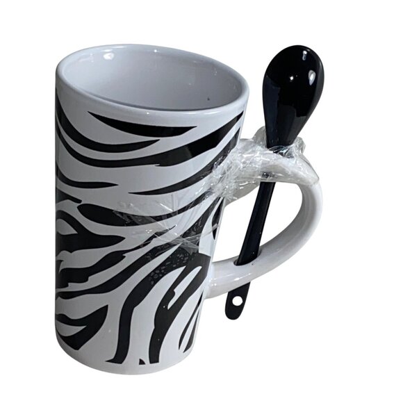 Zebra Print Mug With Matching Black Spoon 12 Oz V&S Houseware Ceramic Dishwasher - Picture 4 of 7
